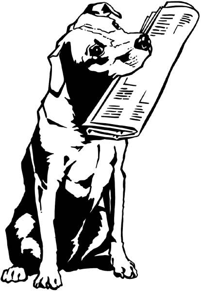 Dog bringing newspaper vinyl sticker. Customize on line. Newspapers Communication 064-0134